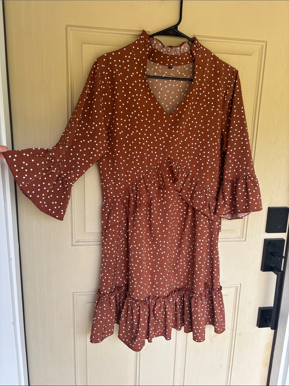 Mitilly Women's V-Neck Ruffle Polka Dot Swing T-Shirt Dress